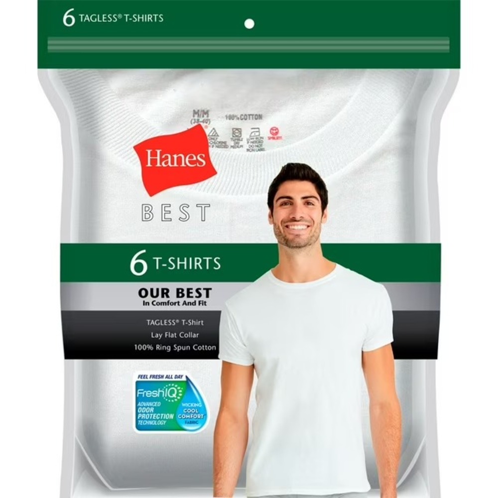 Hanes Mens Best 6-Pack Crew T-Shirt White Size XXL 2XL Tagless Cotton